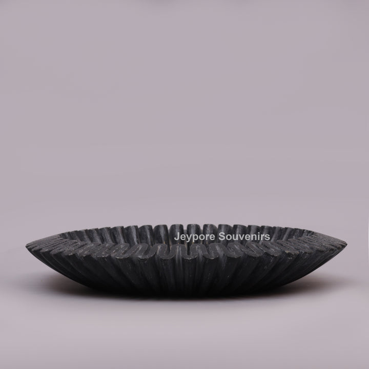 Black Marble Ruffle Urli Bowl with Radiating Fluted Grooves