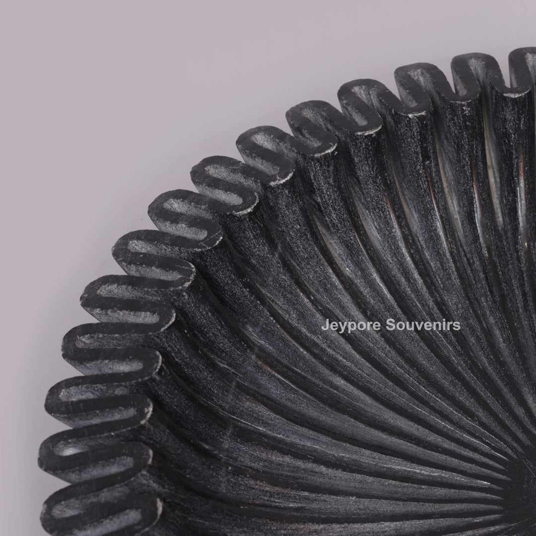 Black Marble Ruffle Urli Bowl with Radiating Fluted Grooves