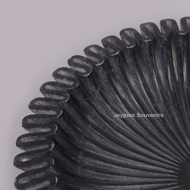 Black Marble Ruffle Urli Bowl with Radiating Fluted Grooves