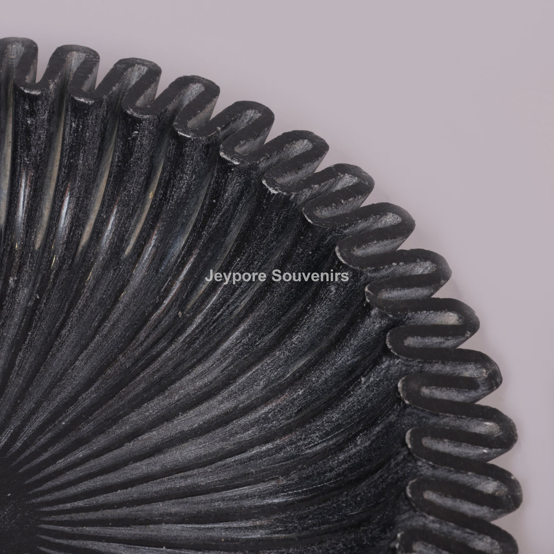 Black Marble Ruffle Urli Bowl with Radiating Fluted Grooves