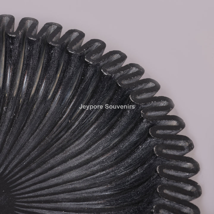 Black Marble Ruffle Urli Bowl with Radiating Fluted Grooves