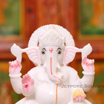 8" Handcrafted White Marble Lotus Base Lord Ganesha Idol