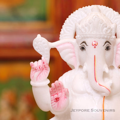 8" Handcrafted White Marble Lotus Base Lord Ganesha Idol