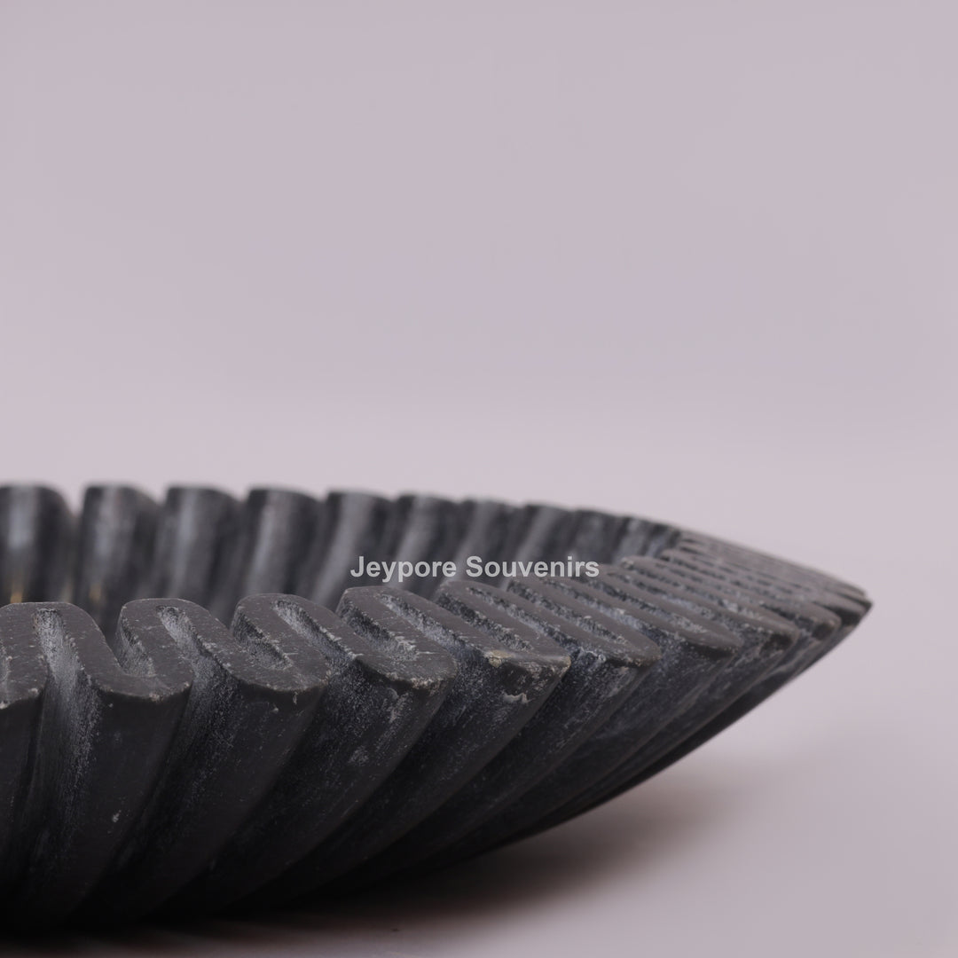 Black Marble Ruffle Urli Bowl with Radiating Fluted Grooves