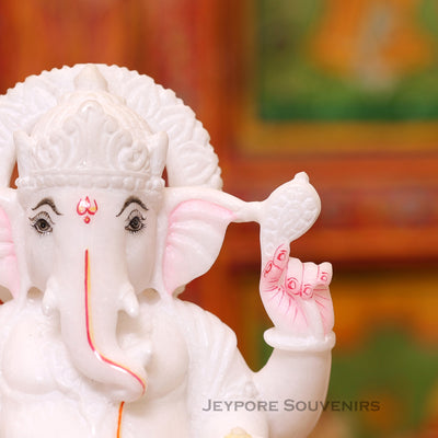 8" Handcrafted White Marble Lotus Base Lord Ganesha Idol