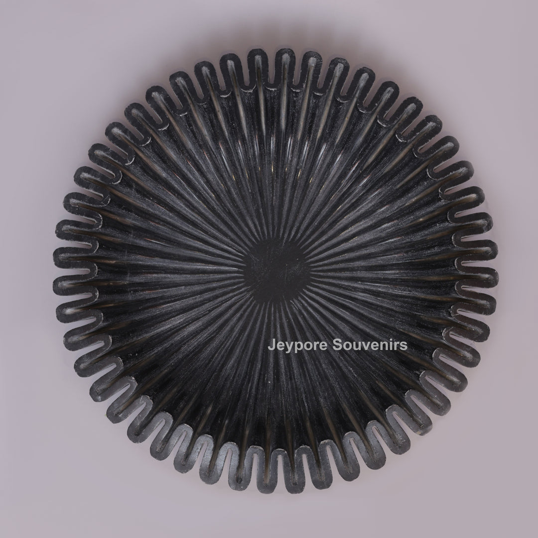 Black Marble Ruffle Urli Bowl with Radiating Fluted Grooves