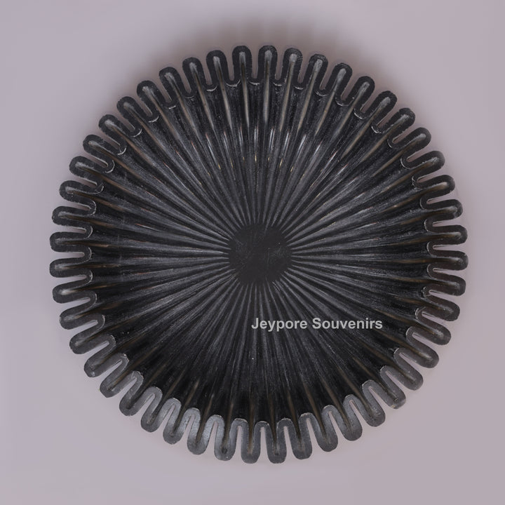 Black Marble Ruffle Urli Bowl with Radiating Fluted Grooves