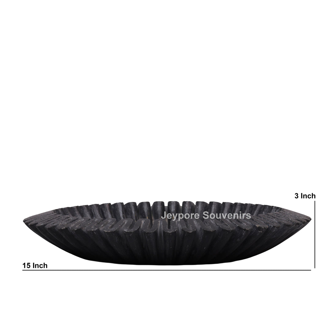 Black Marble Ruffle Urli Bowl with Radiating Fluted Grooves