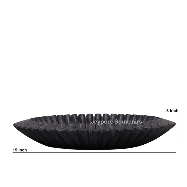 Black Marble Ruffle Urli Bowl with Radiating Fluted Grooves