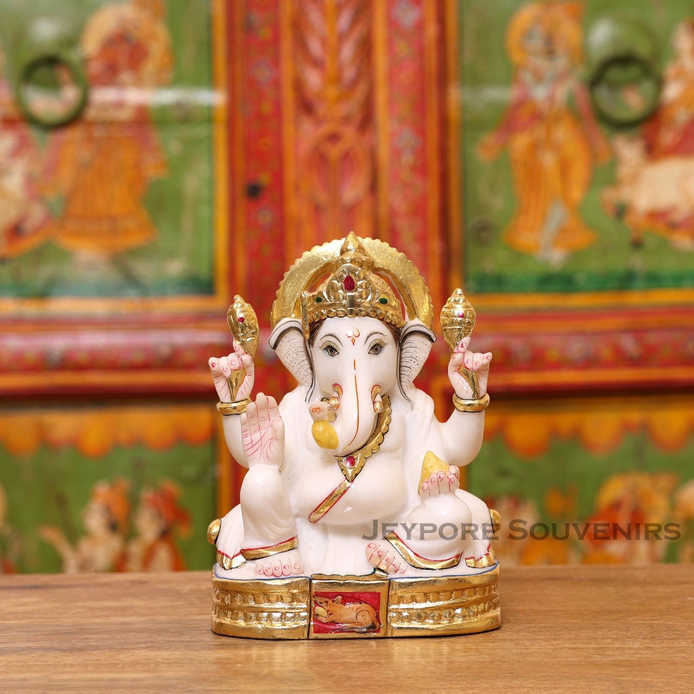 8" Pure White Marble Lord Ganesha Idol with Real Gold Leaf Work
