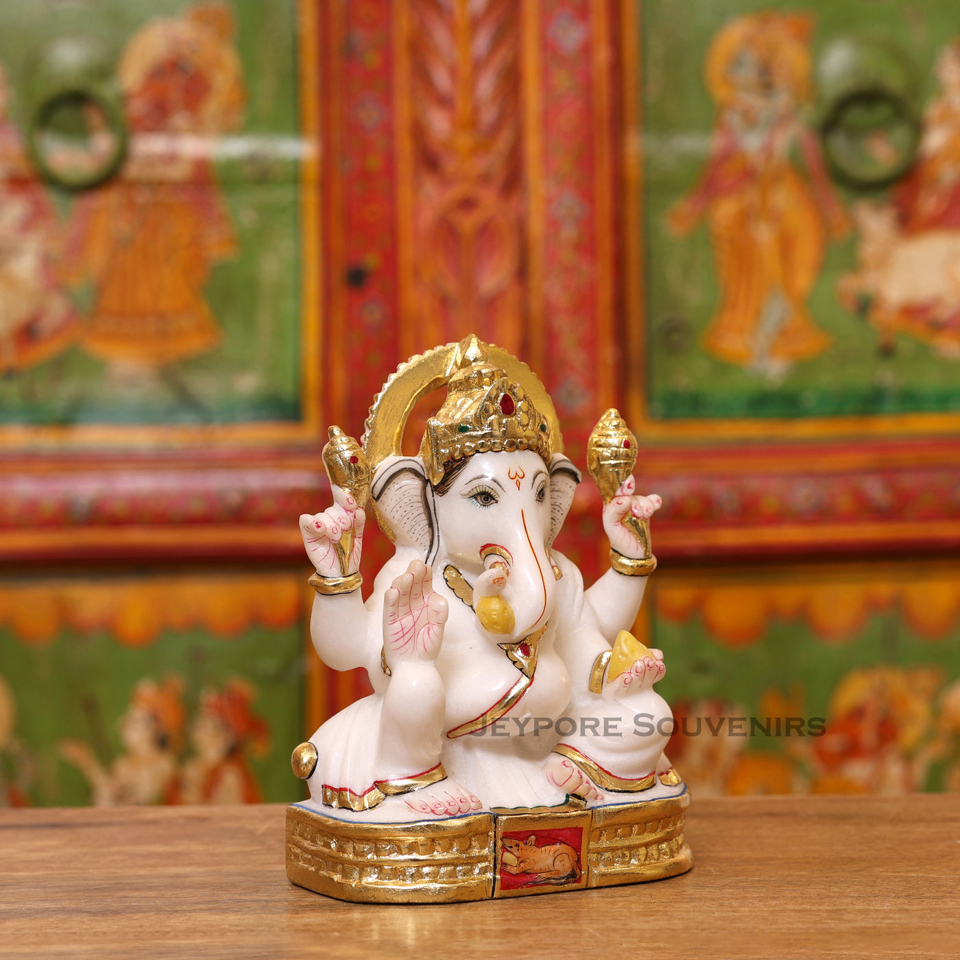 8" Pure White Marble Lord Ganesha Idol with Real Gold Leaf Work