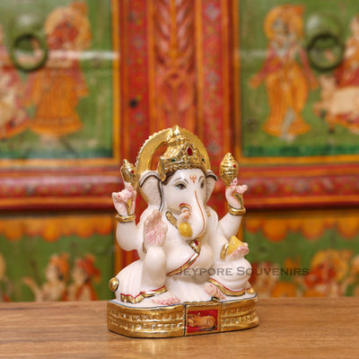8" Pure White Marble Lord Ganesha Idol with Real Gold Leaf Work