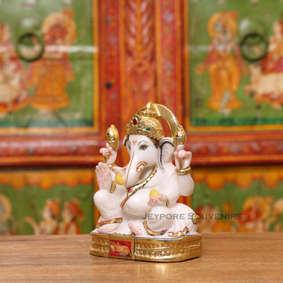 8" Pure White Marble Lord Ganesha Idol with Real Gold Leaf Work