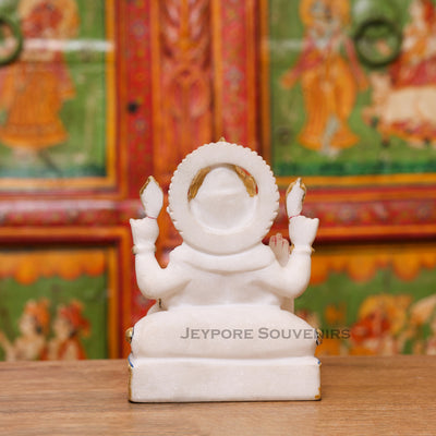 8" Pure White Marble Lord Ganesha Idol with Real Gold Leaf Work