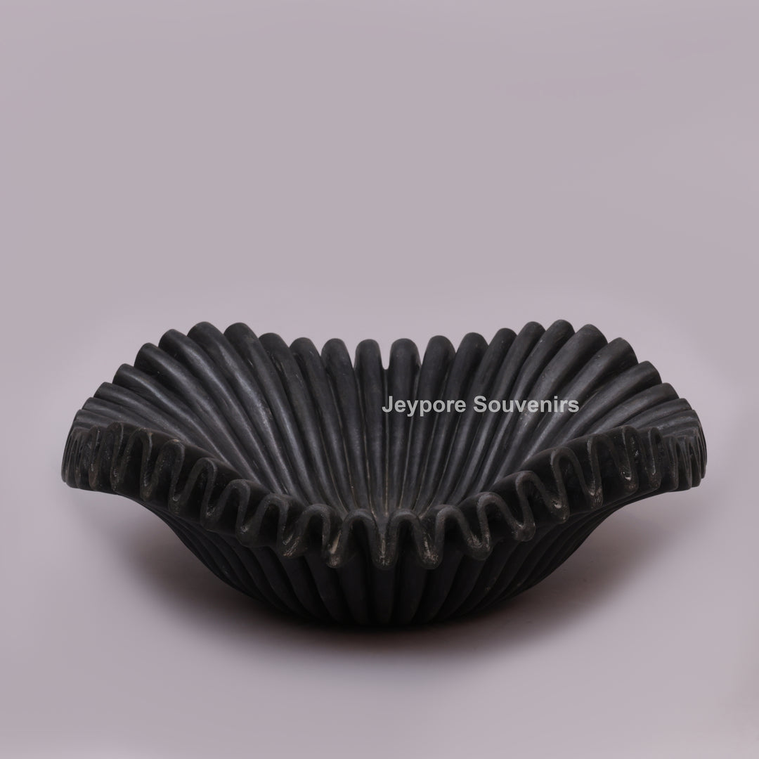 Handcrafted Black Marble Fluted Urli Bowl with Scalloped Ripple Edge