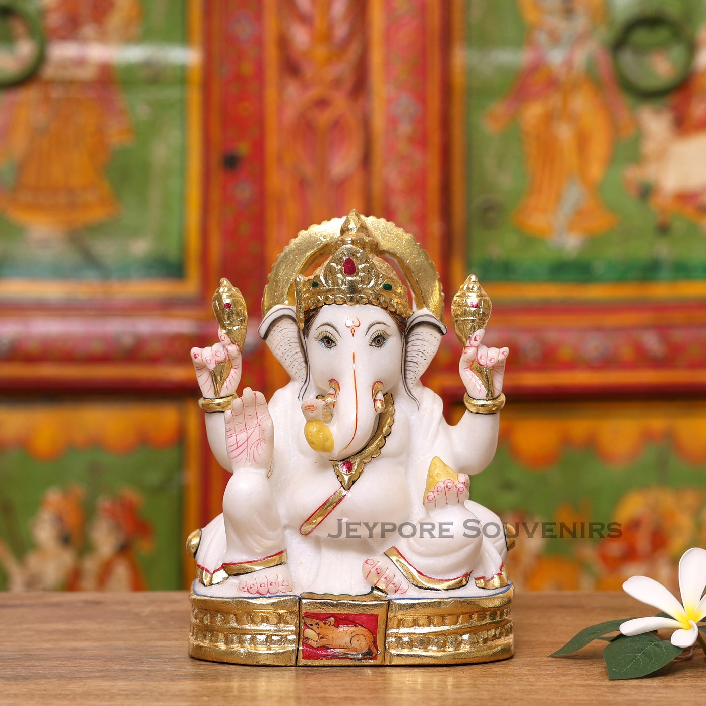 8" Pure White Marble Lord Ganesha Idol with Real Gold Leaf Work