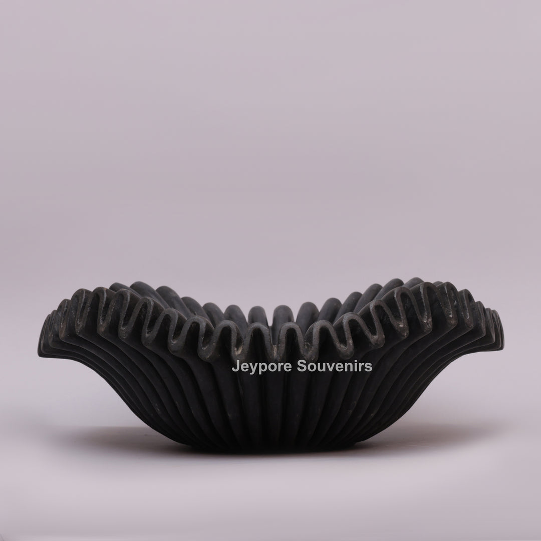 Handcrafted Black Marble Fluted Urli Bowl with Scalloped Ripple Edge