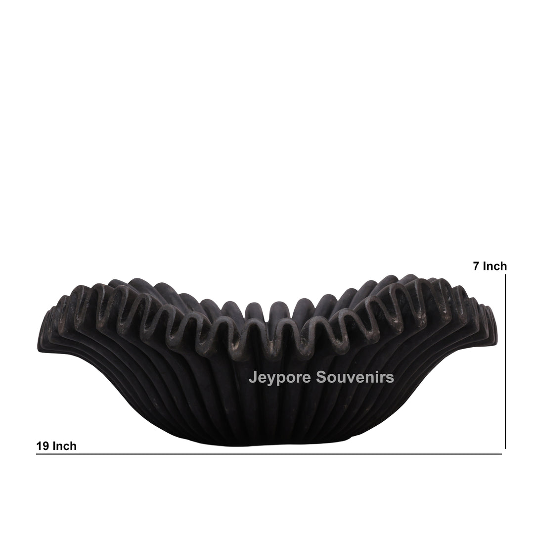Handcrafted Black Marble Fluted Urli Bowl with Scalloped Ripple Edge