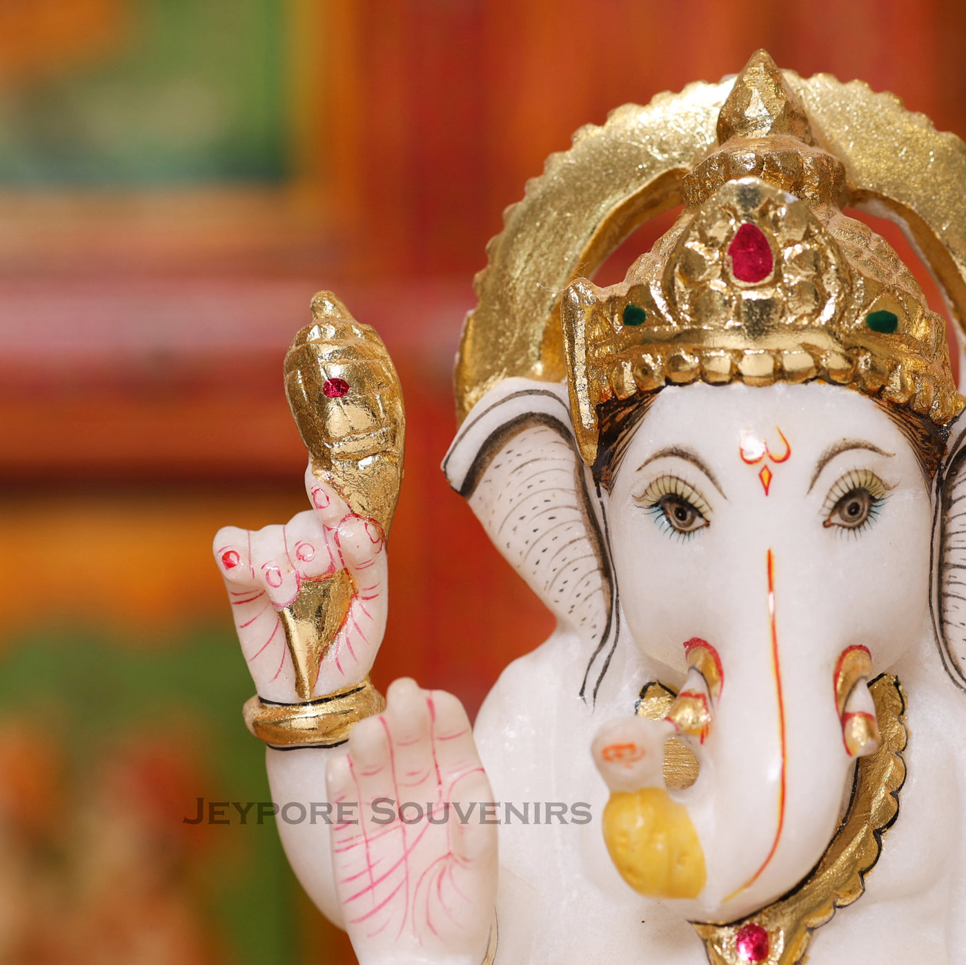 8" Pure White Marble Lord Ganesha Idol with Real Gold Leaf Work