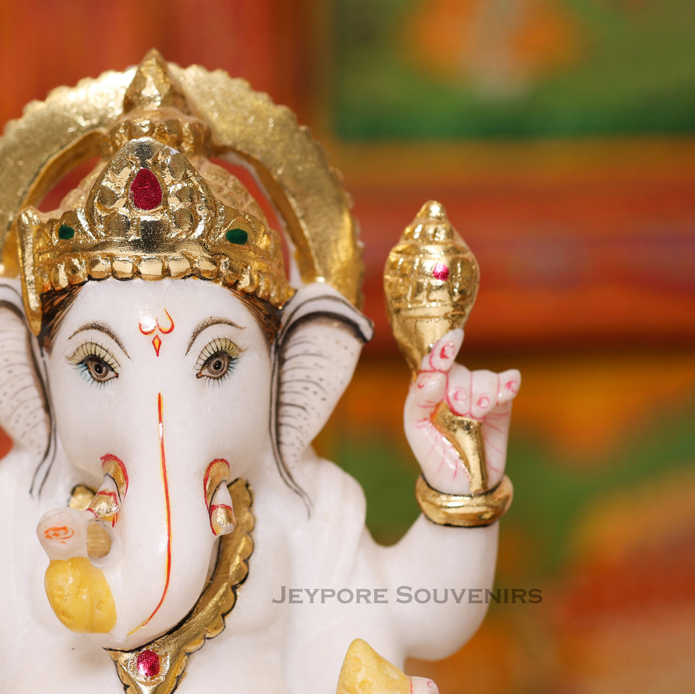 8" Pure White Marble Lord Ganesha Idol with Real Gold Leaf Work