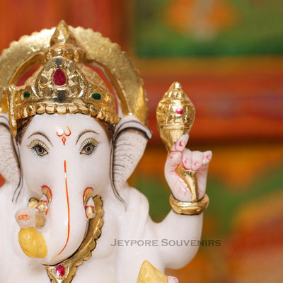 8" Pure White Marble Lord Ganesha Idol with Real Gold Leaf Work