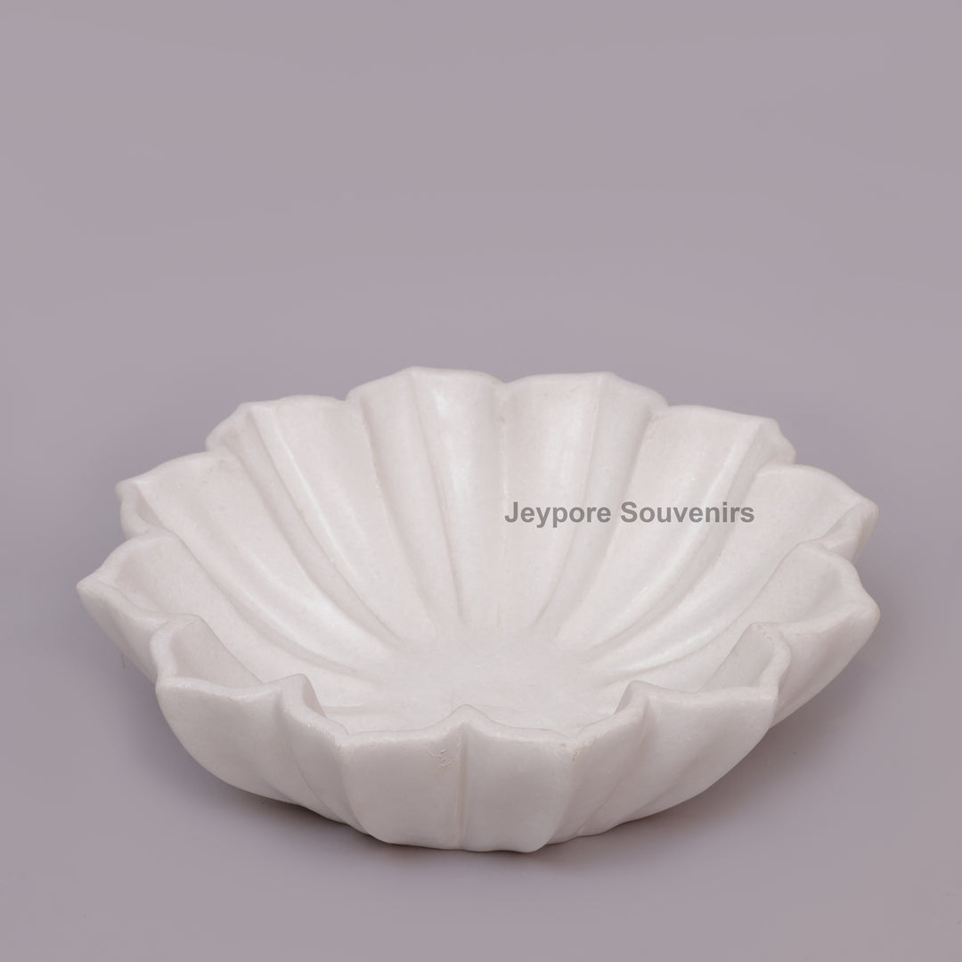 Handcrafted White Marble Lotus Urli Bowl with Fluted Petal Design