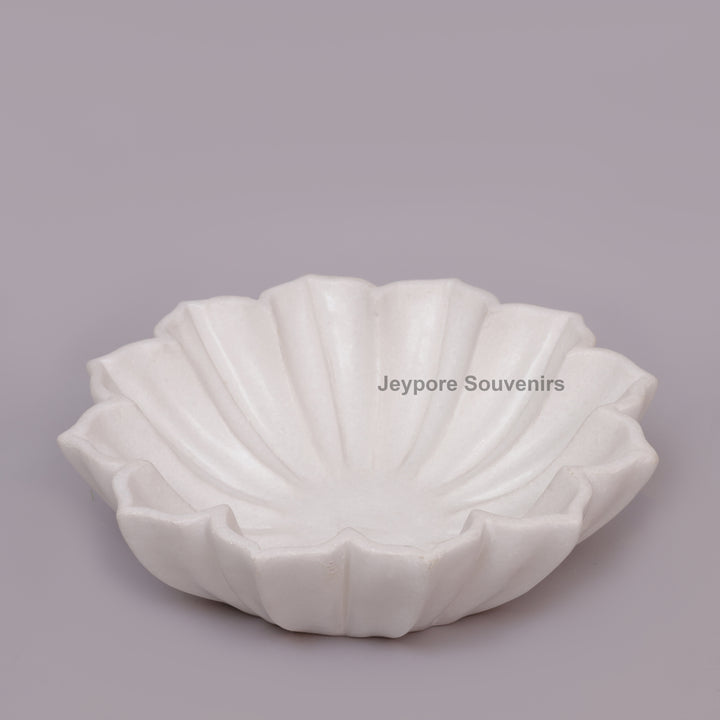 Handcrafted White Marble Lotus Urli Bowl with Fluted Petal Design