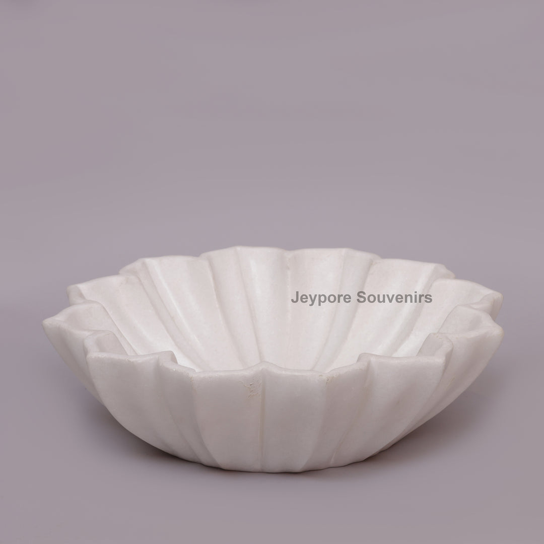 Handcrafted White Marble Lotus Urli Bowl with Fluted Petal Design