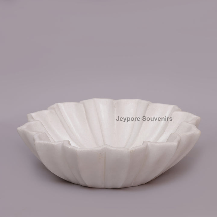 Handcrafted White Marble Lotus Urli Bowl with Fluted Petal Design