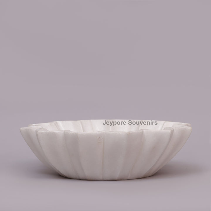 Handcrafted White Marble Lotus Urli Bowl with Fluted Petal Design