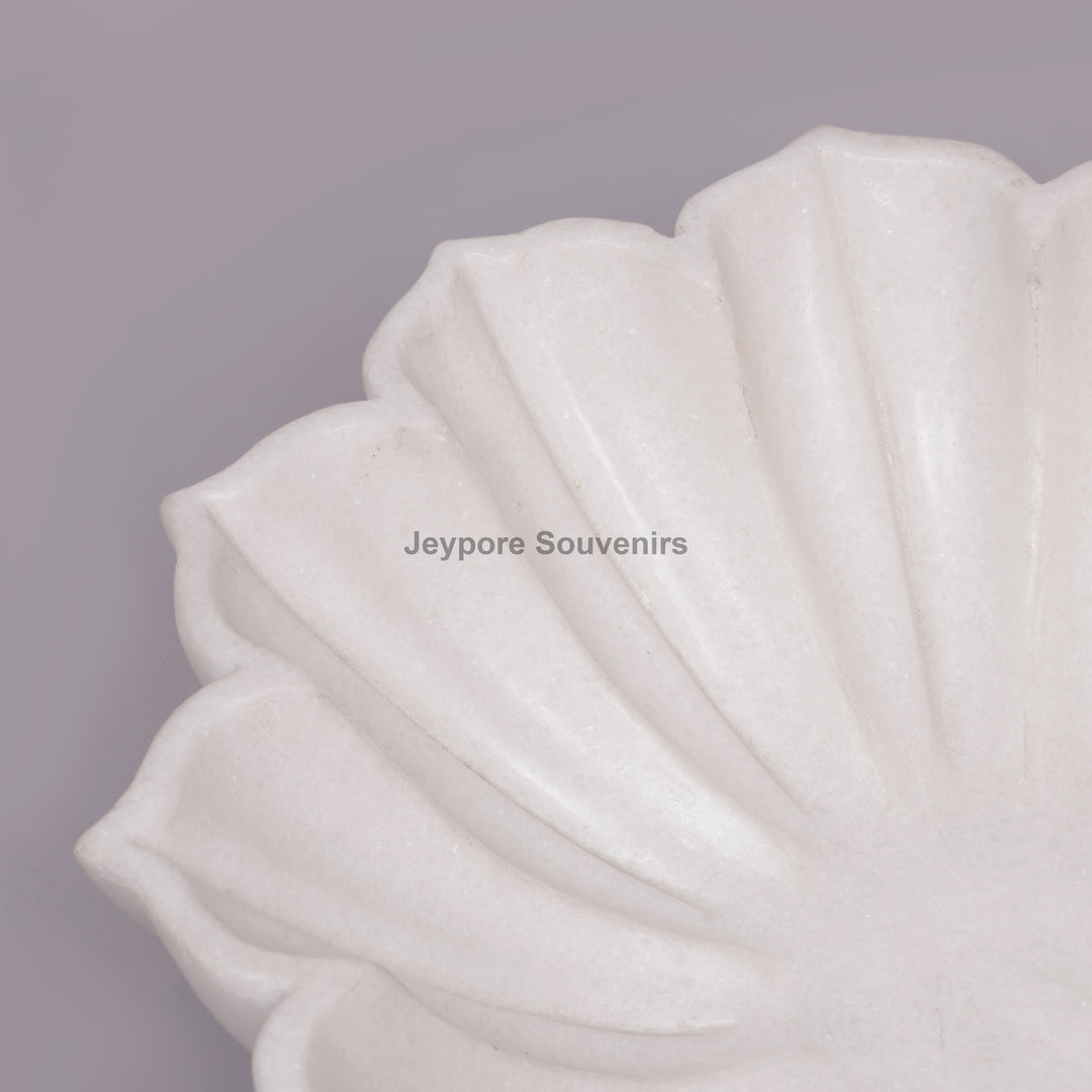 Handcrafted White Marble Lotus Urli Bowl with Fluted Petal Design