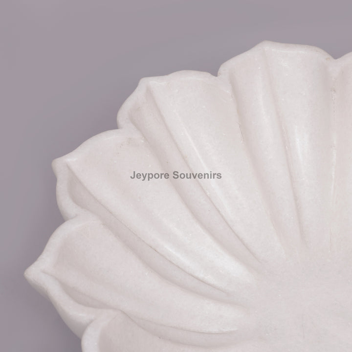 Handcrafted White Marble Lotus Urli Bowl with Fluted Petal Design