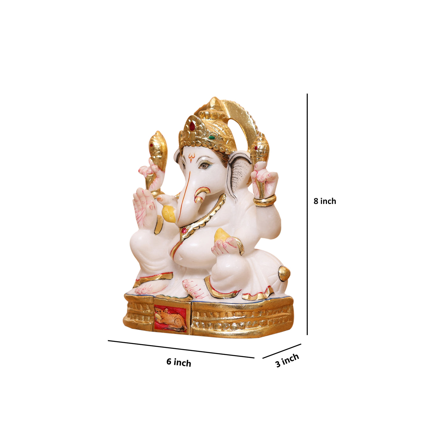 8" Pure White Marble Lord Ganesha Idol with Real Gold Leaf Work