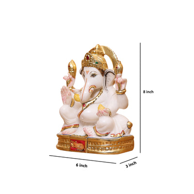 8" Pure White Marble Lord Ganesha Idol with Real Gold Leaf Work