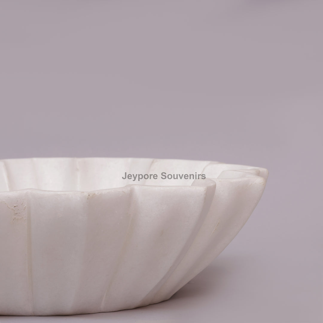 Handcrafted White Marble Lotus Urli Bowl with Fluted Petal Design