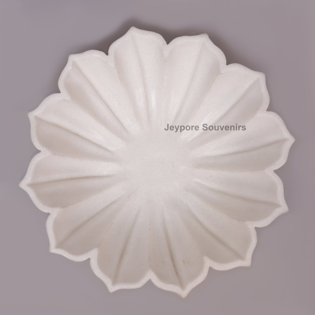 Handcrafted White Marble Lotus Urli Bowl with Fluted Petal Design
