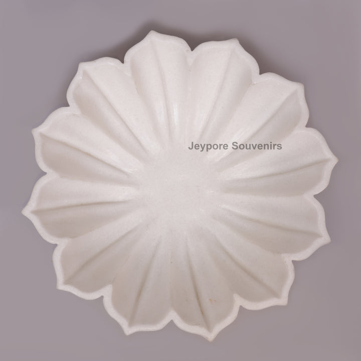 Handcrafted White Marble Lotus Urli Bowl with Fluted Petal Design
