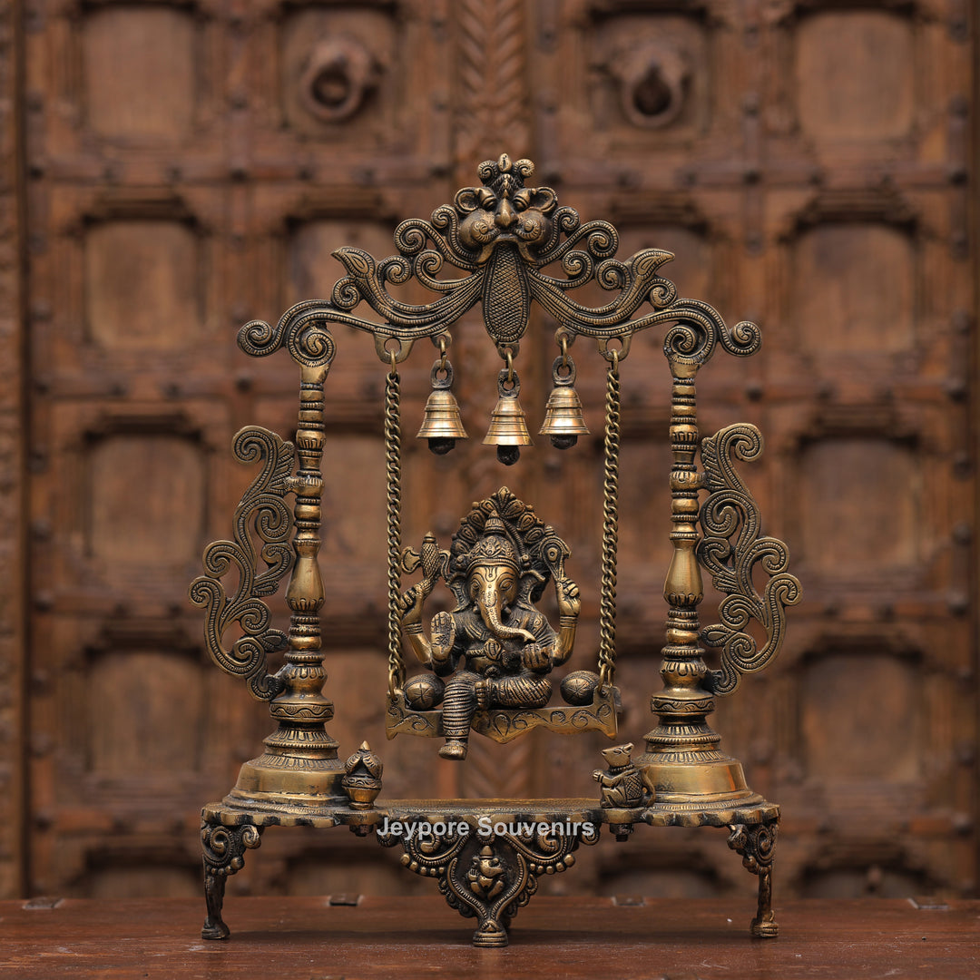Handcrafted Brass Ganesha Jhula Statue with Hanging Bells &amp; Kirtimukha Arch