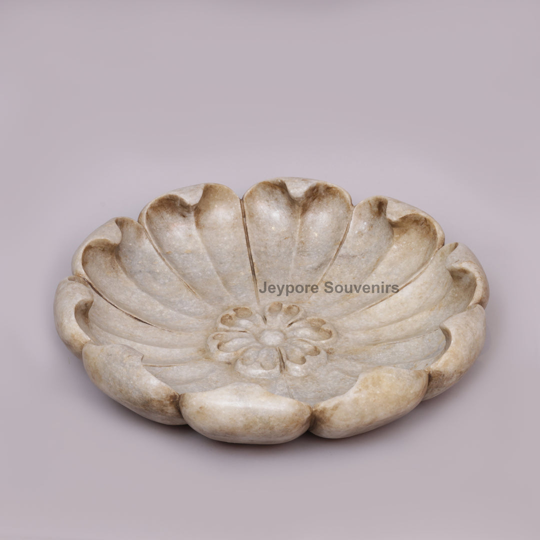 Hand-Carved White Marble Lotus Bowl with Scalloped Petal Design