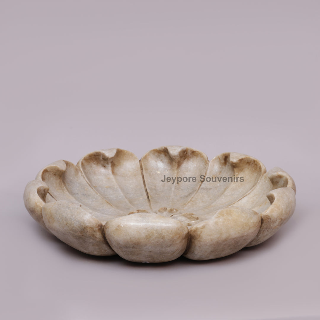 Hand-Carved White Marble Lotus Bowl with Scalloped Petal Design