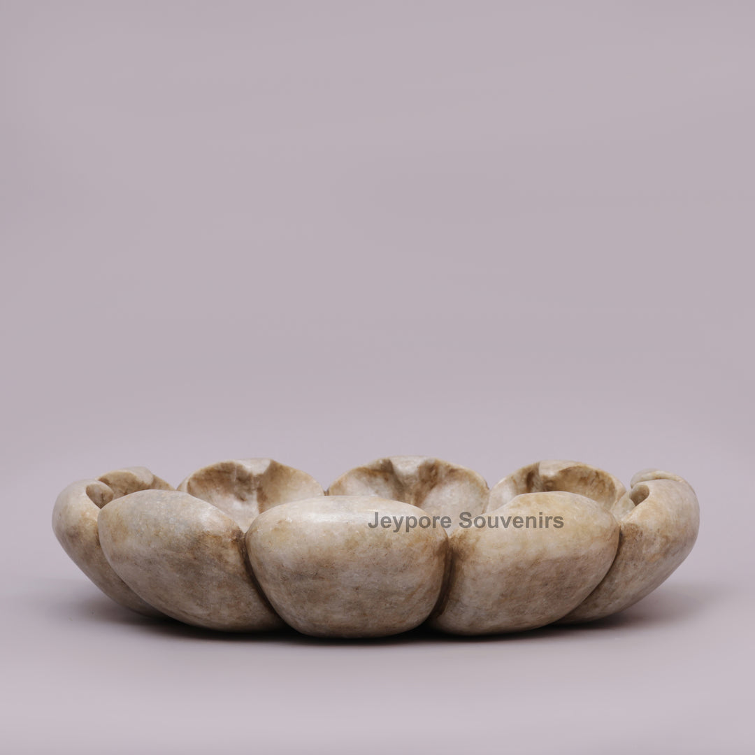 Hand-Carved White Marble Lotus Bowl with Scalloped Petal Design