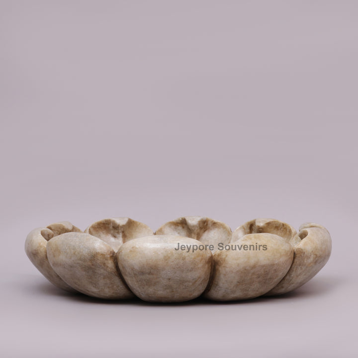 Hand-Carved White Marble Lotus Bowl with Scalloped Petal Design