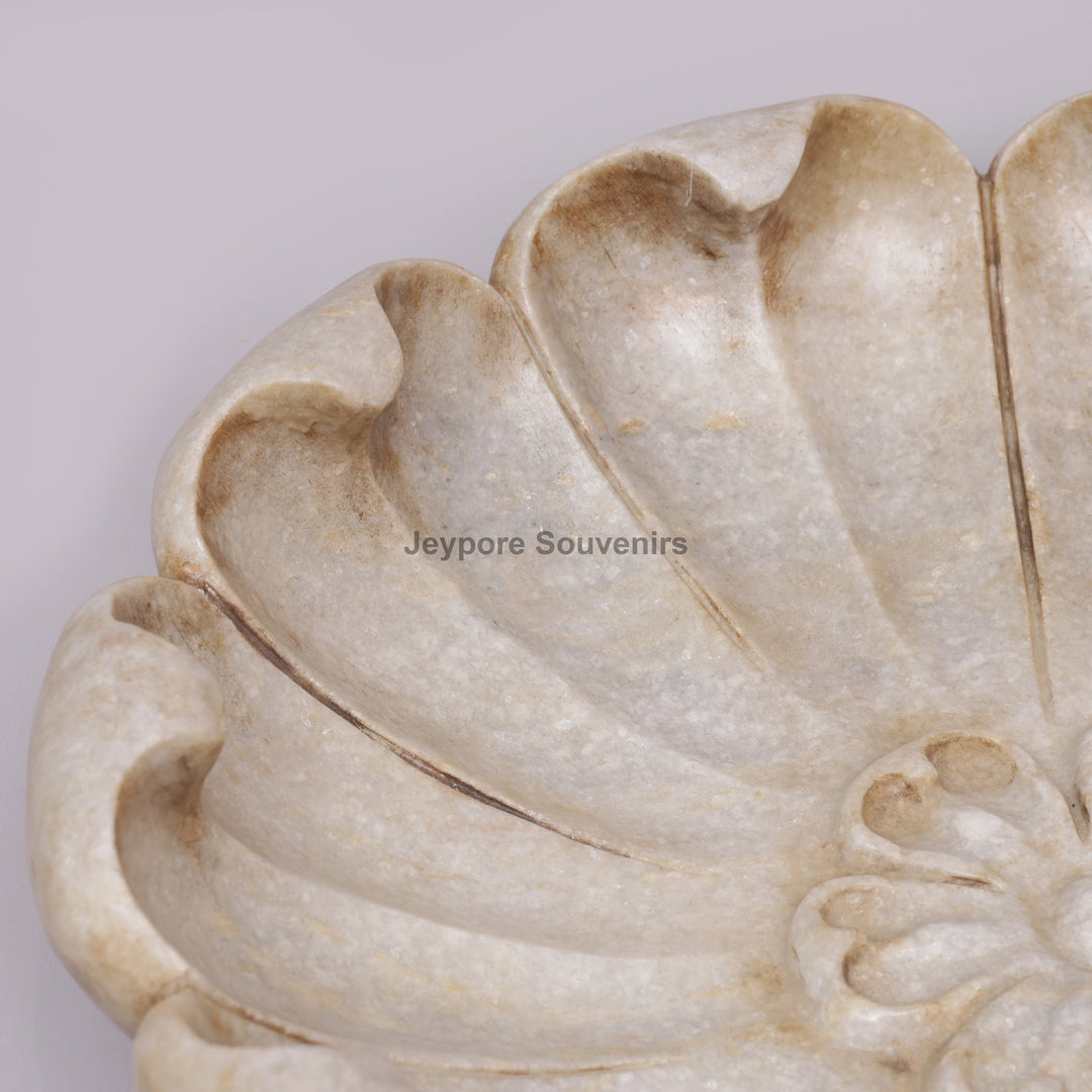 Hand-Carved White Marble Lotus Bowl with Scalloped Petal Design