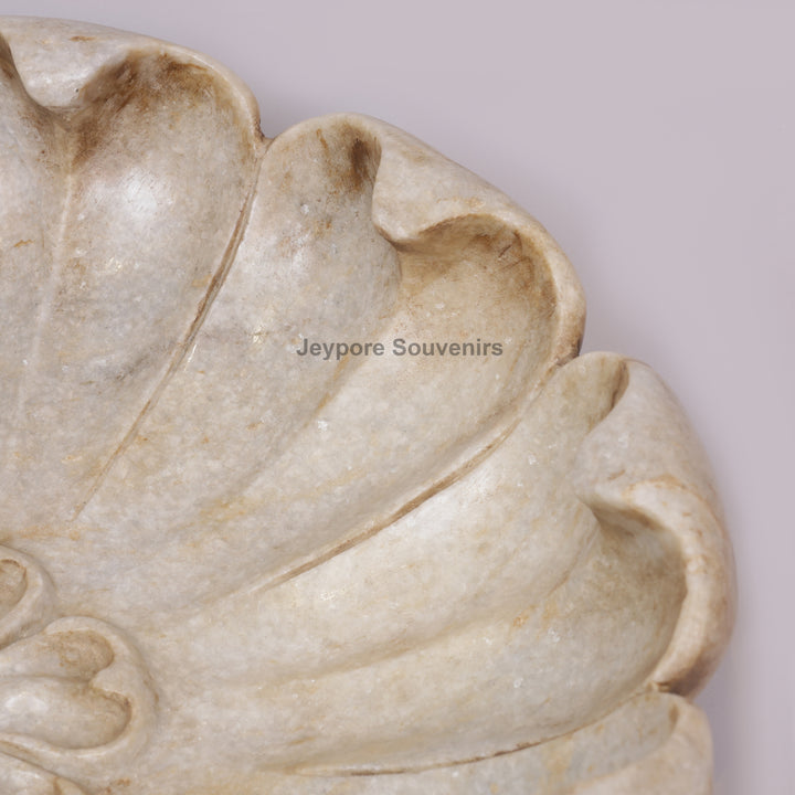 Hand-Carved White Marble Lotus Bowl with Scalloped Petal Design