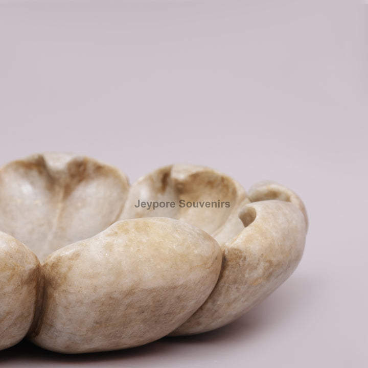 Hand-Carved White Marble Lotus Bowl with Scalloped Petal Design