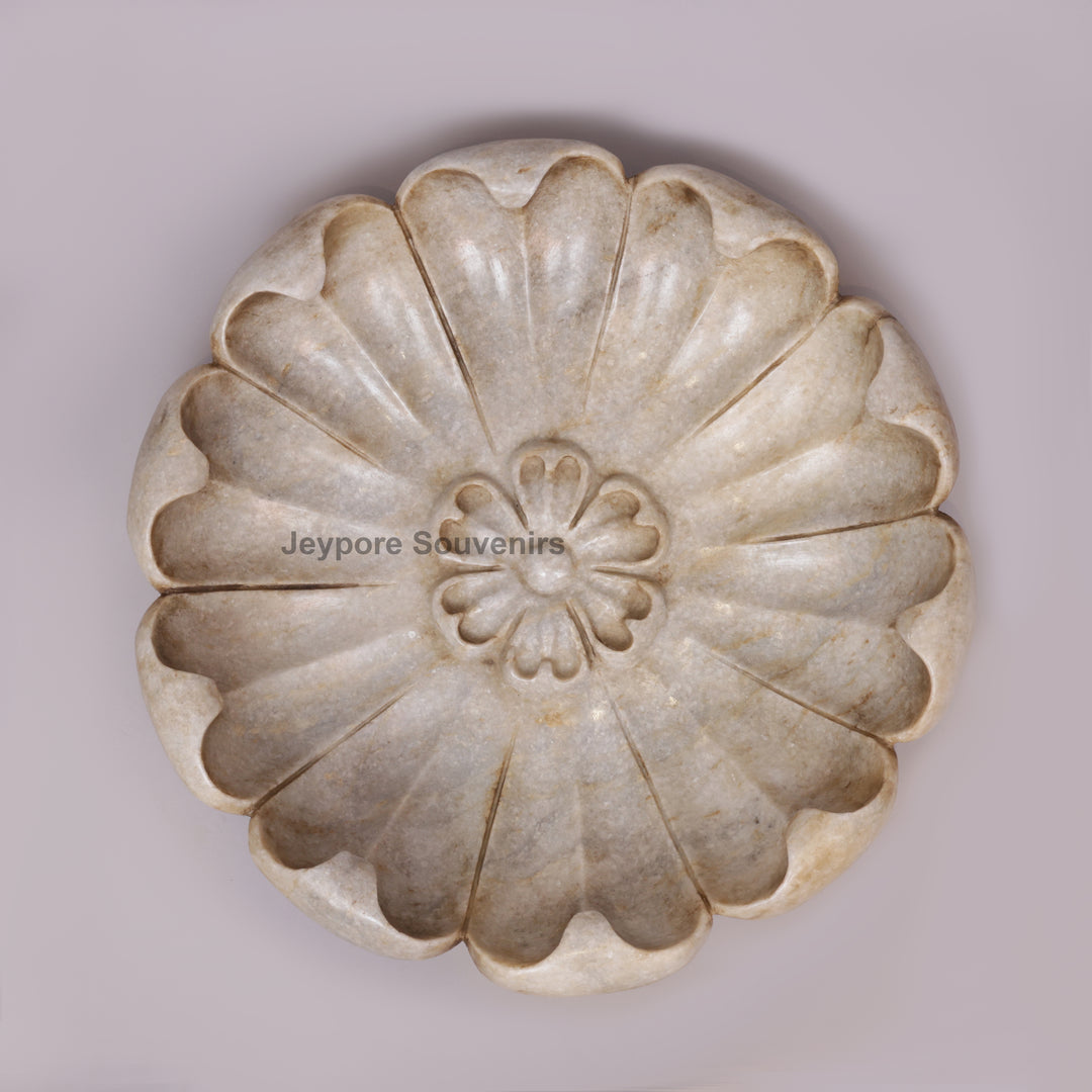 Hand-Carved White Marble Lotus Bowl with Scalloped Petal Design