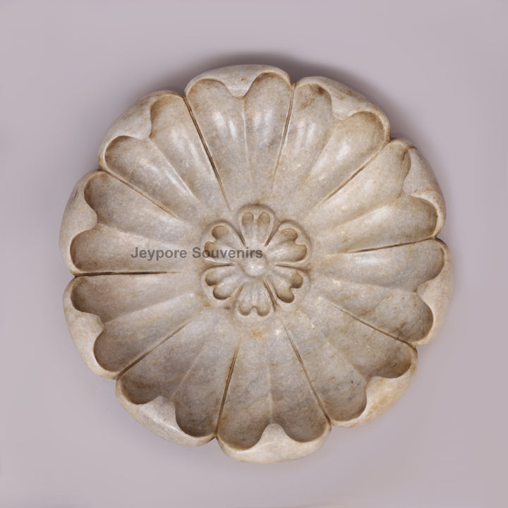 Hand-Carved White Marble Lotus Bowl with Scalloped Petal Design