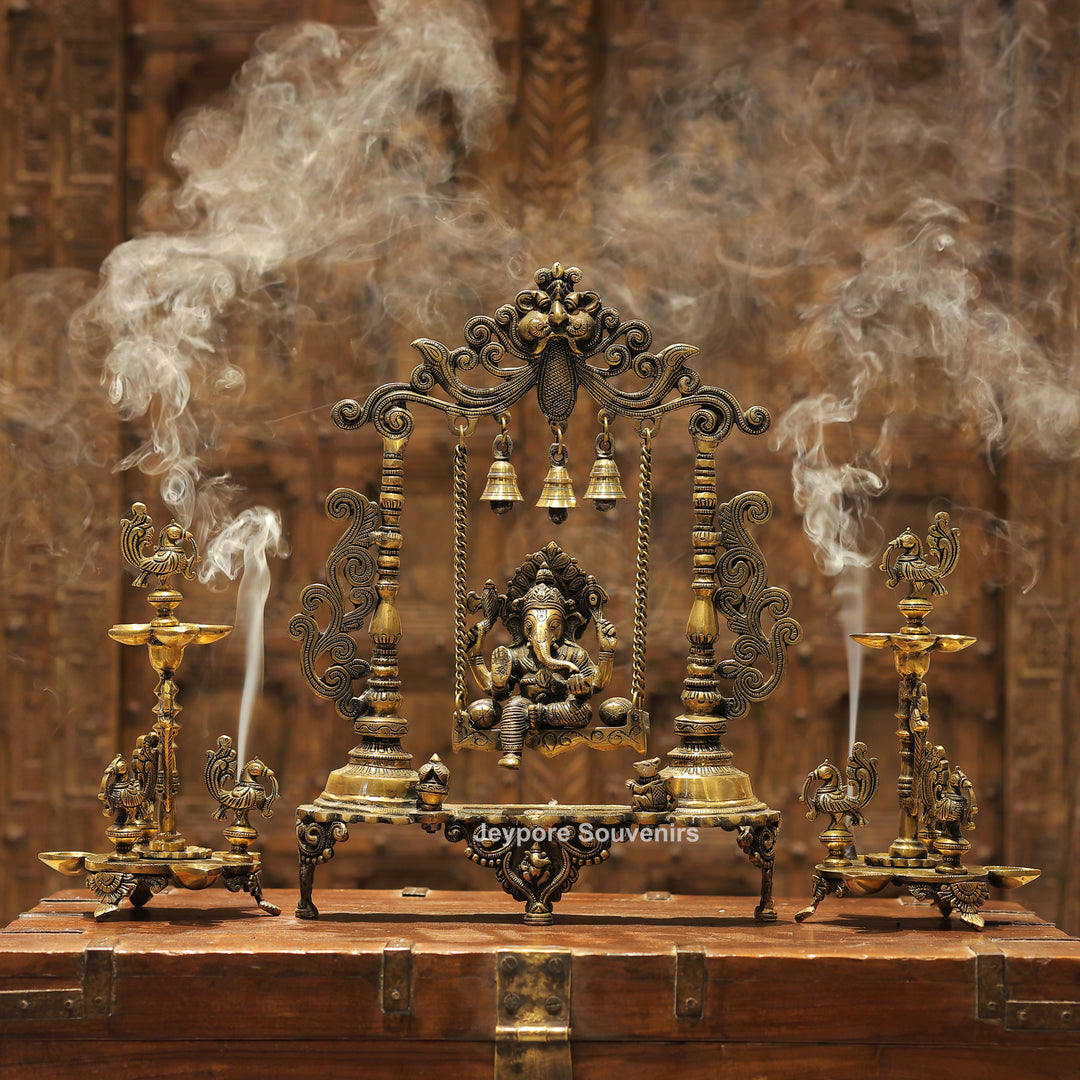 Handcrafted Brass Ganesha Jhula Statue with Hanging Bells &amp; Kirtimukha Arch