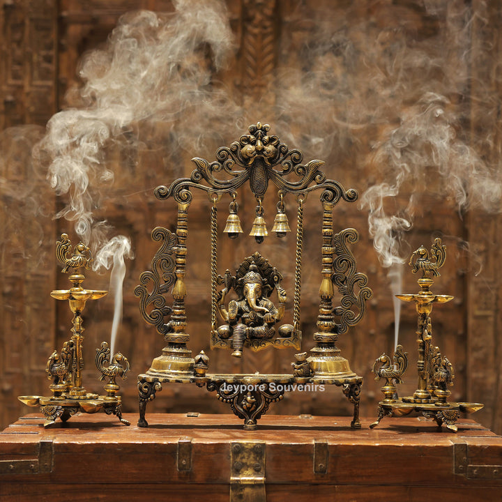 Handcrafted Brass Ganesha Jhula Statue with Hanging Bells &amp; Kirtimukha Arch