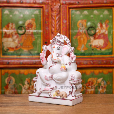 12" Handcrafted White Marble Lord Ganesha Idol